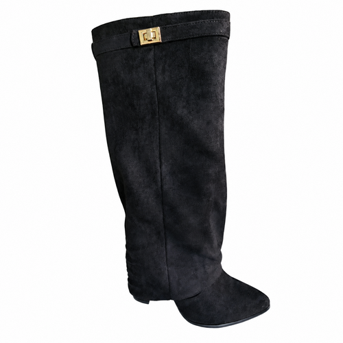 Valentina Suede-Effect Fold-Over Knee-High Boots – Black