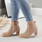 Liv beige suede-effect ankle boots worn, front view