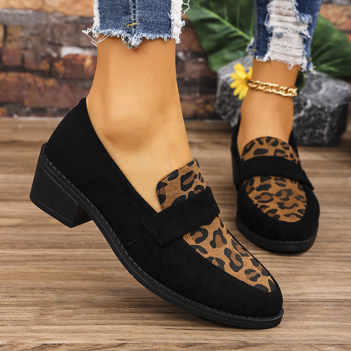 Bella | Leopard Trim Block Heel Loafers