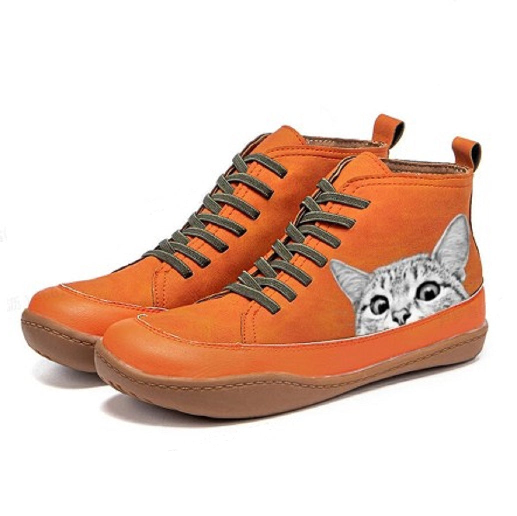 Kit Cat Print Lace-Up Ankle Boots – Orange