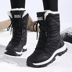 Freya black lace-up snow boots, front view