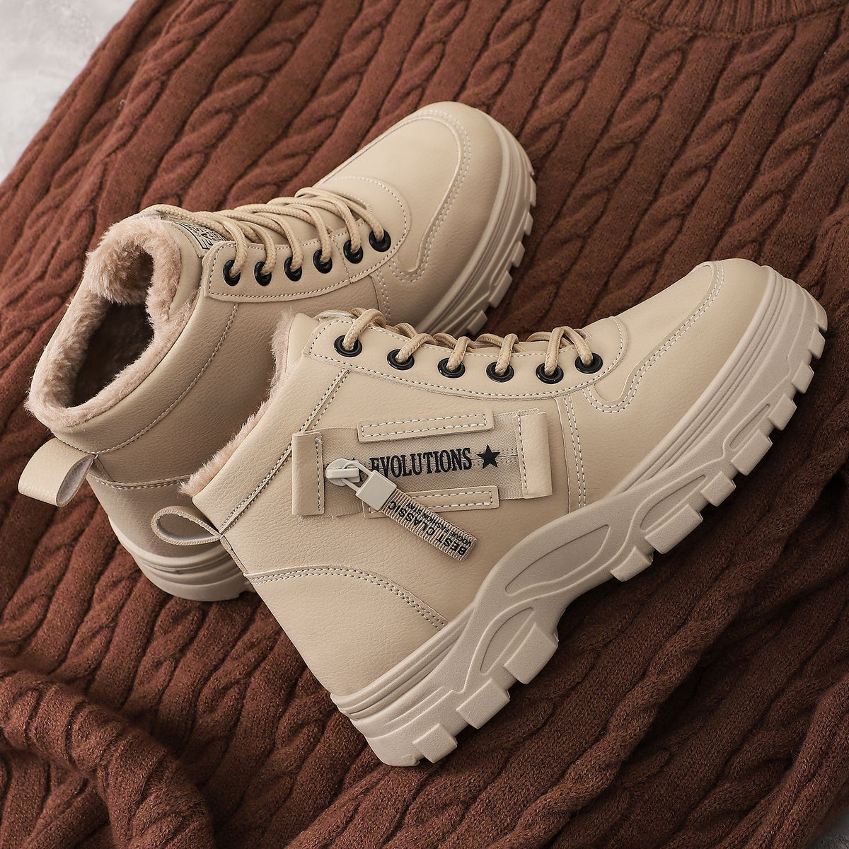 Kenna beige lace-up platform boots, side angle