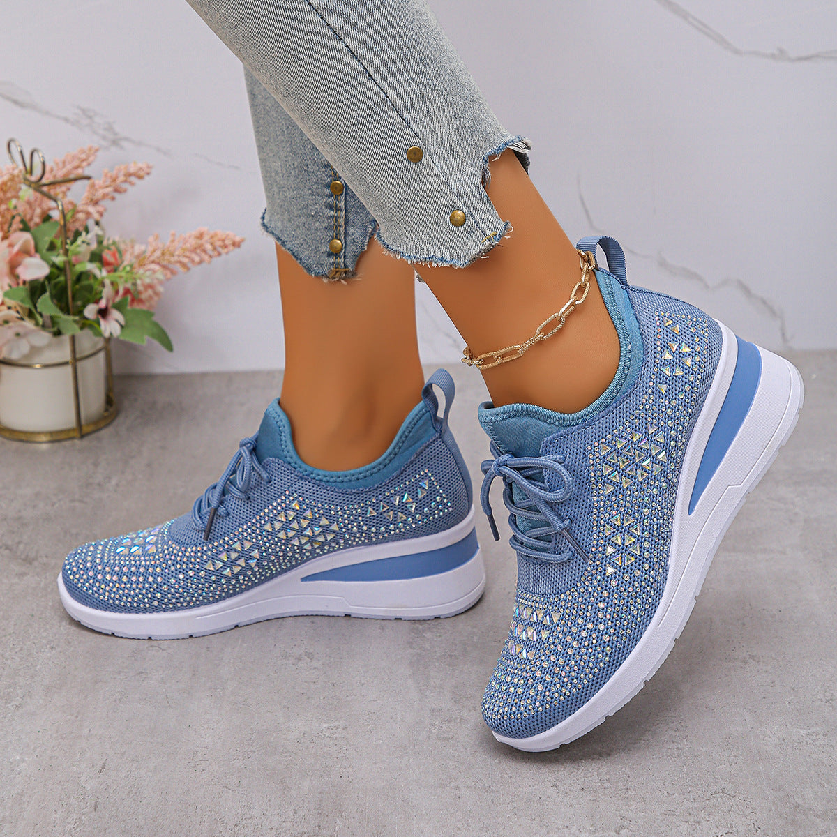 Lumi | Rhinestone Knit Wedge Trainers