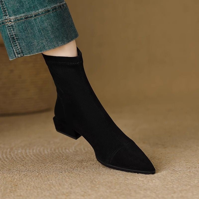 Camille black sock ankle boot, front angle