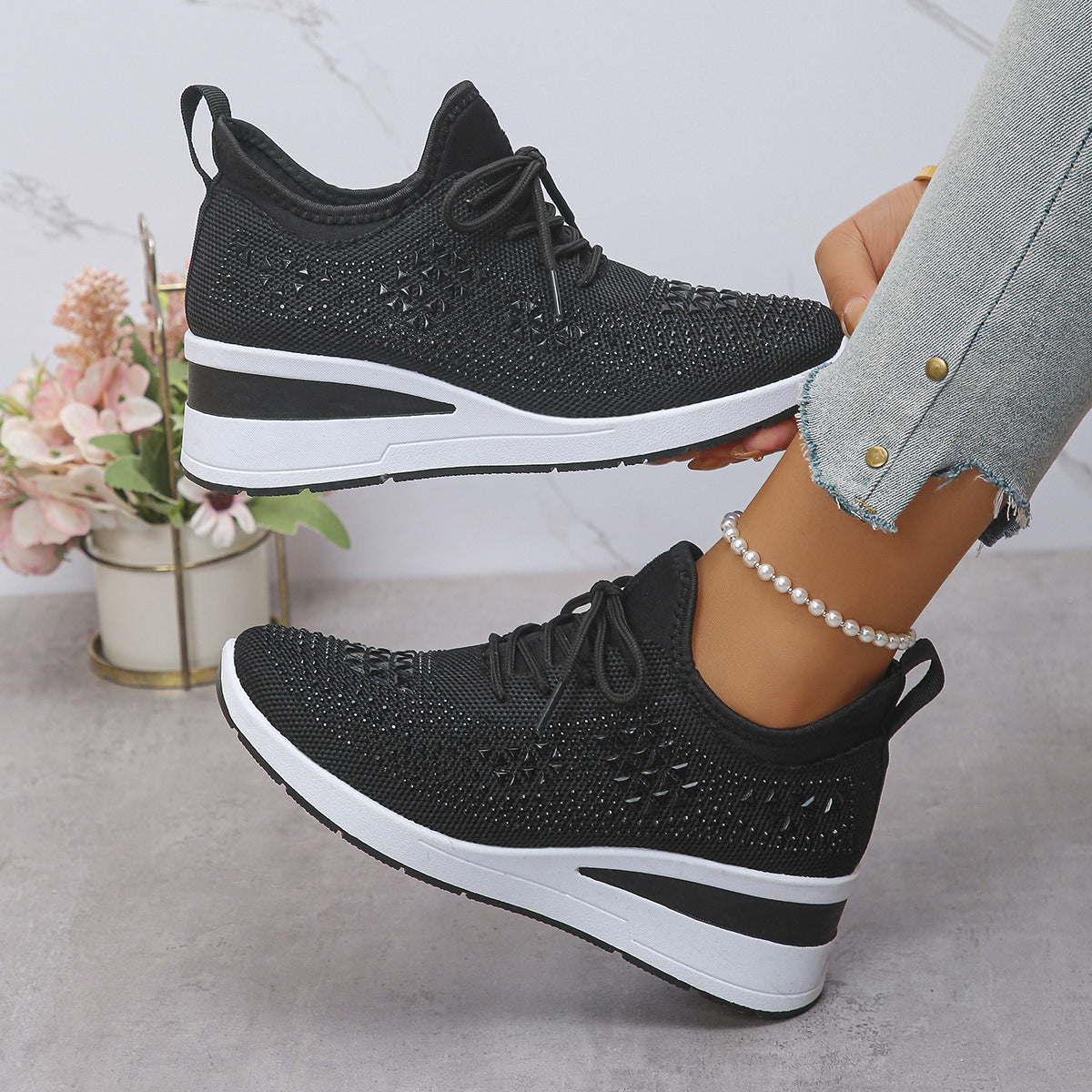 Lumi | Rhinestone Knit Wedge Trainers