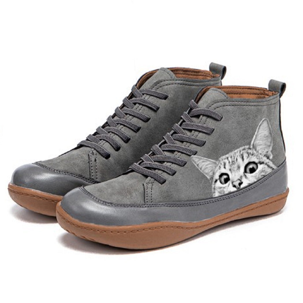Kit | Cat Print Lace-Up Ankle Boots