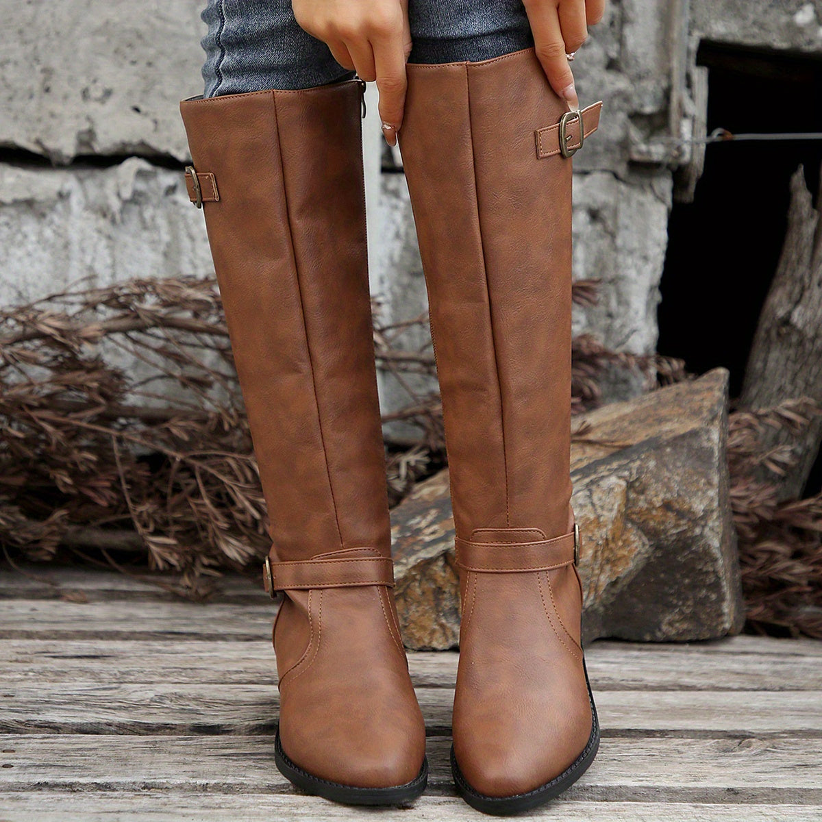 Georgiana knee-high boots in tan, front view on foot