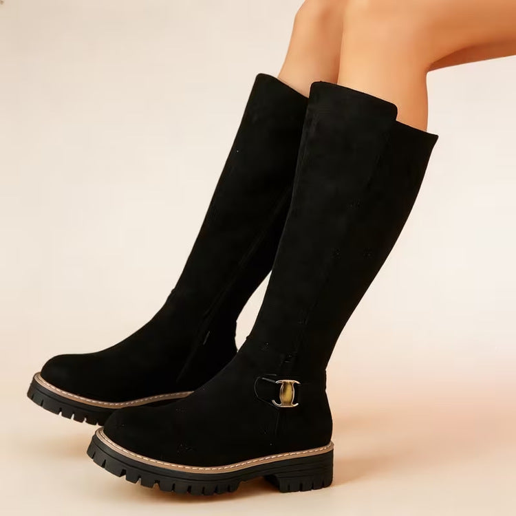 Beatrix flat knee-high boots with lug sole – Black