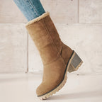 Saga camel winter boot worn with the sherpa cuff unrolled, block heel and grip sole