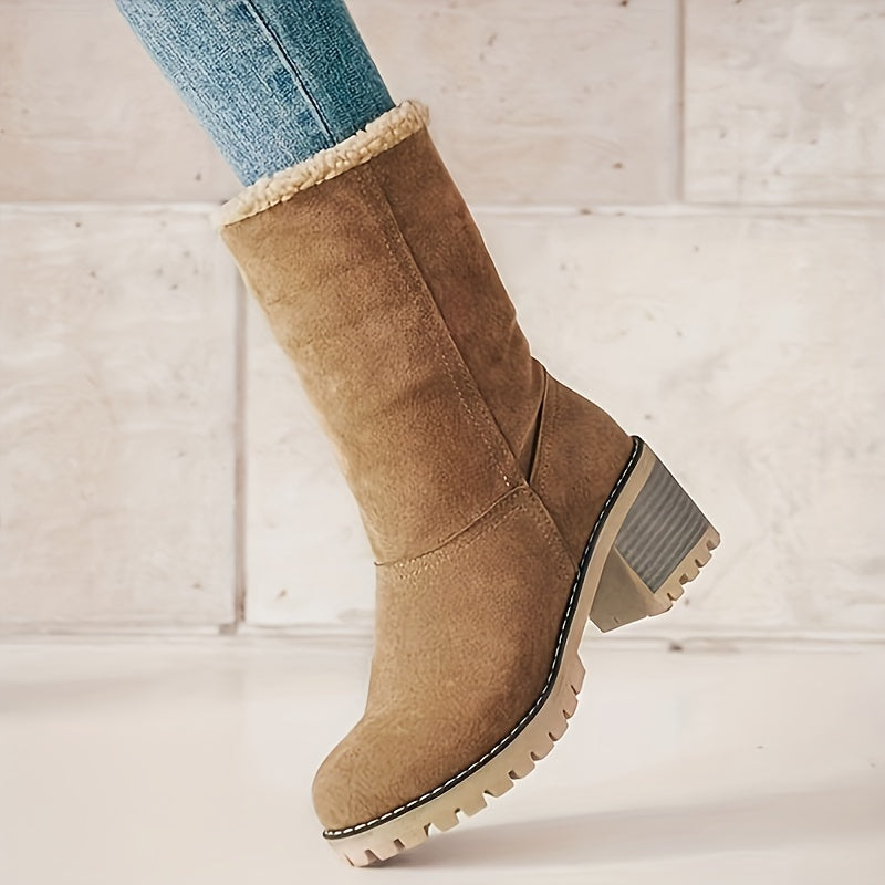 Saga camel winter boot worn with the sherpa cuff unrolled, block heel and grip sole