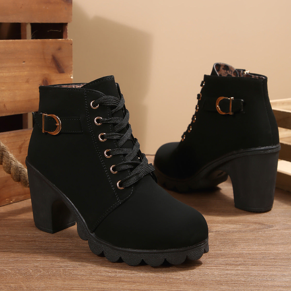 Romy black lace-up block heel ankle boots with buckle strap