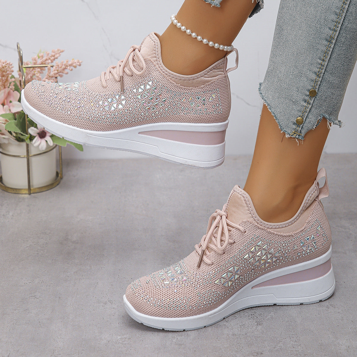 Lumi | Rhinestone Knit Wedge Trainers