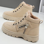Kenna beige lace-up platform boots, front view on studio floor