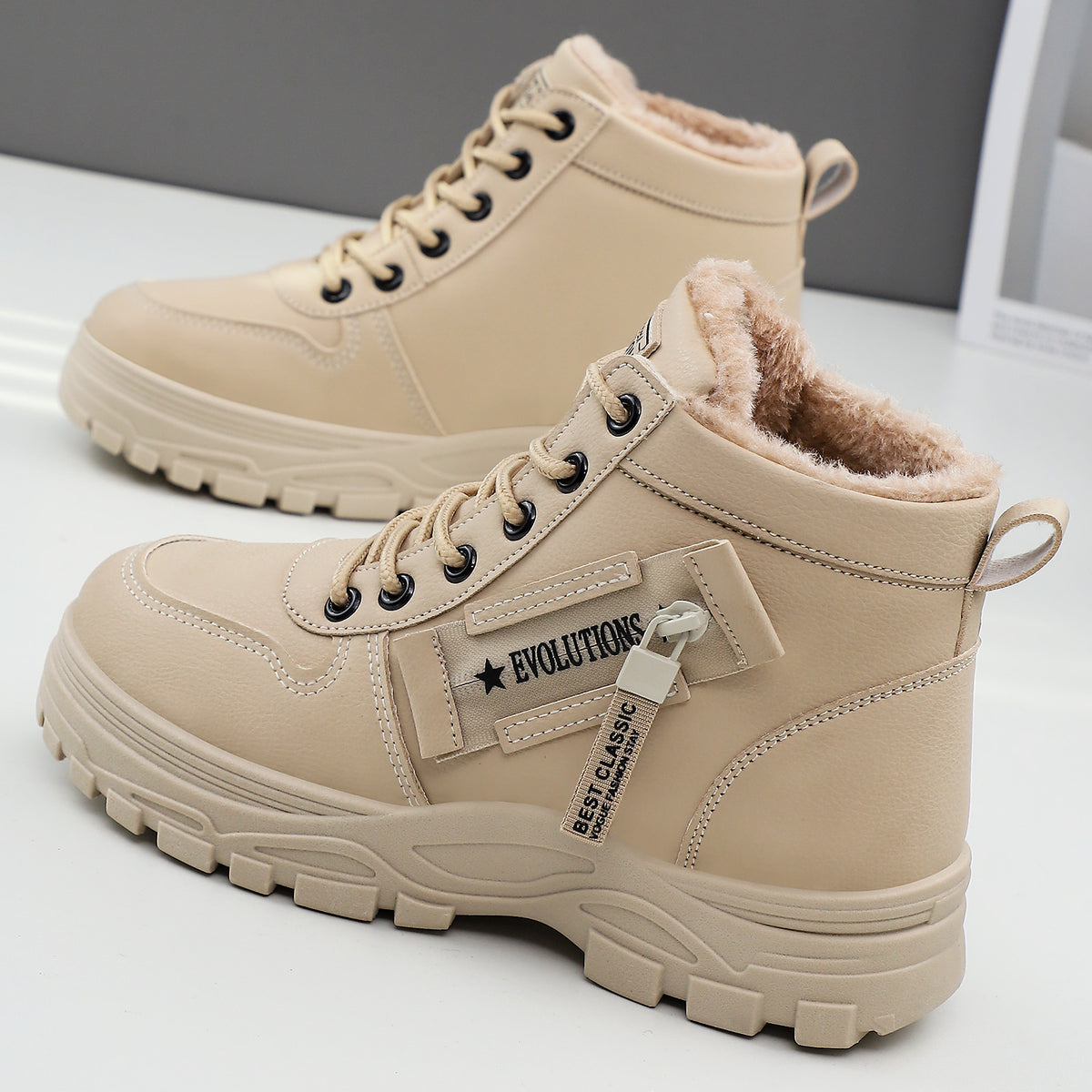 Kenna beige lace-up platform boots, front view on studio floor