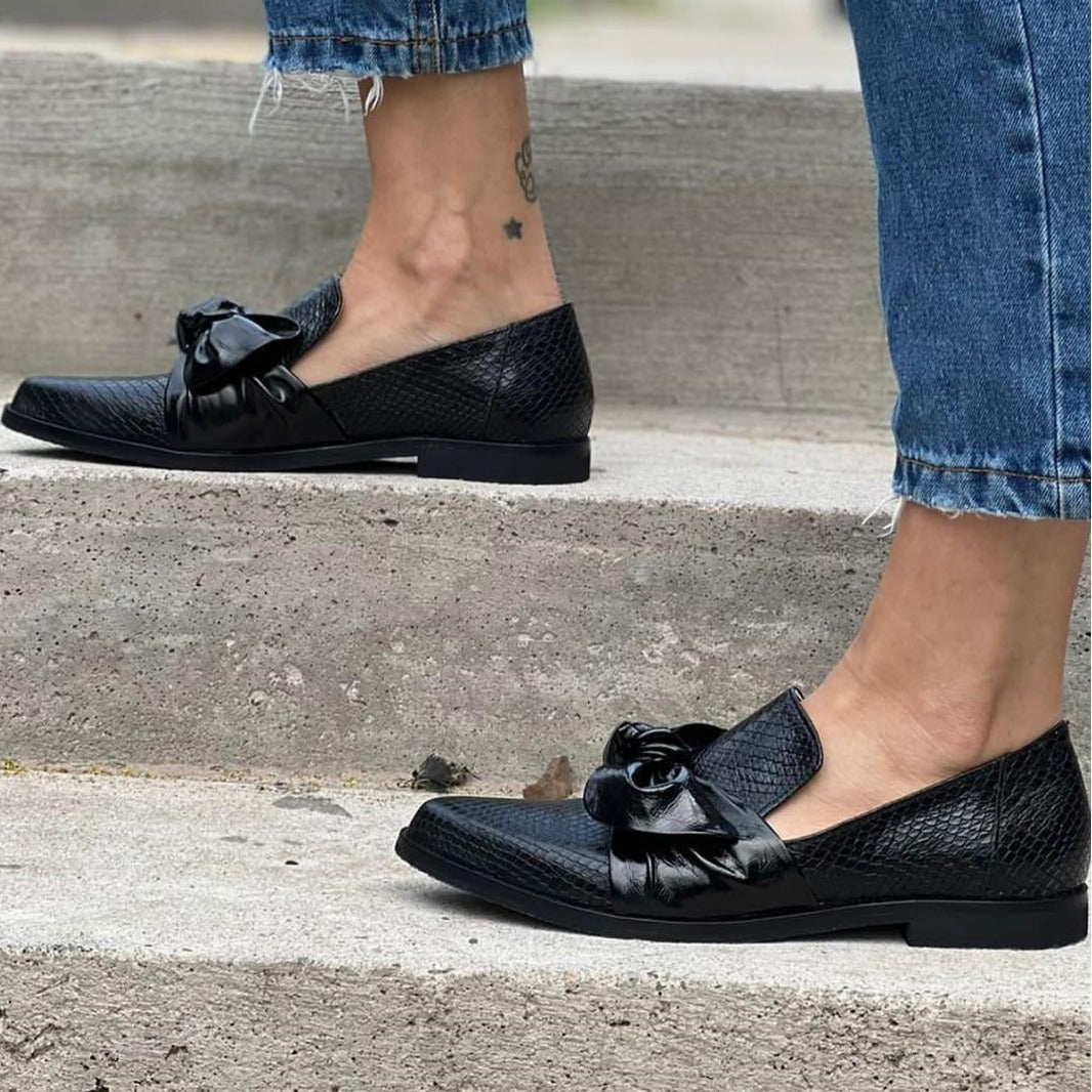 Noemi Croc-Embossed Bow Loafers