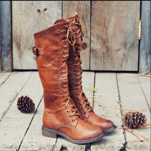 Ramona lace-up knee-high boots with side buckle – Brown