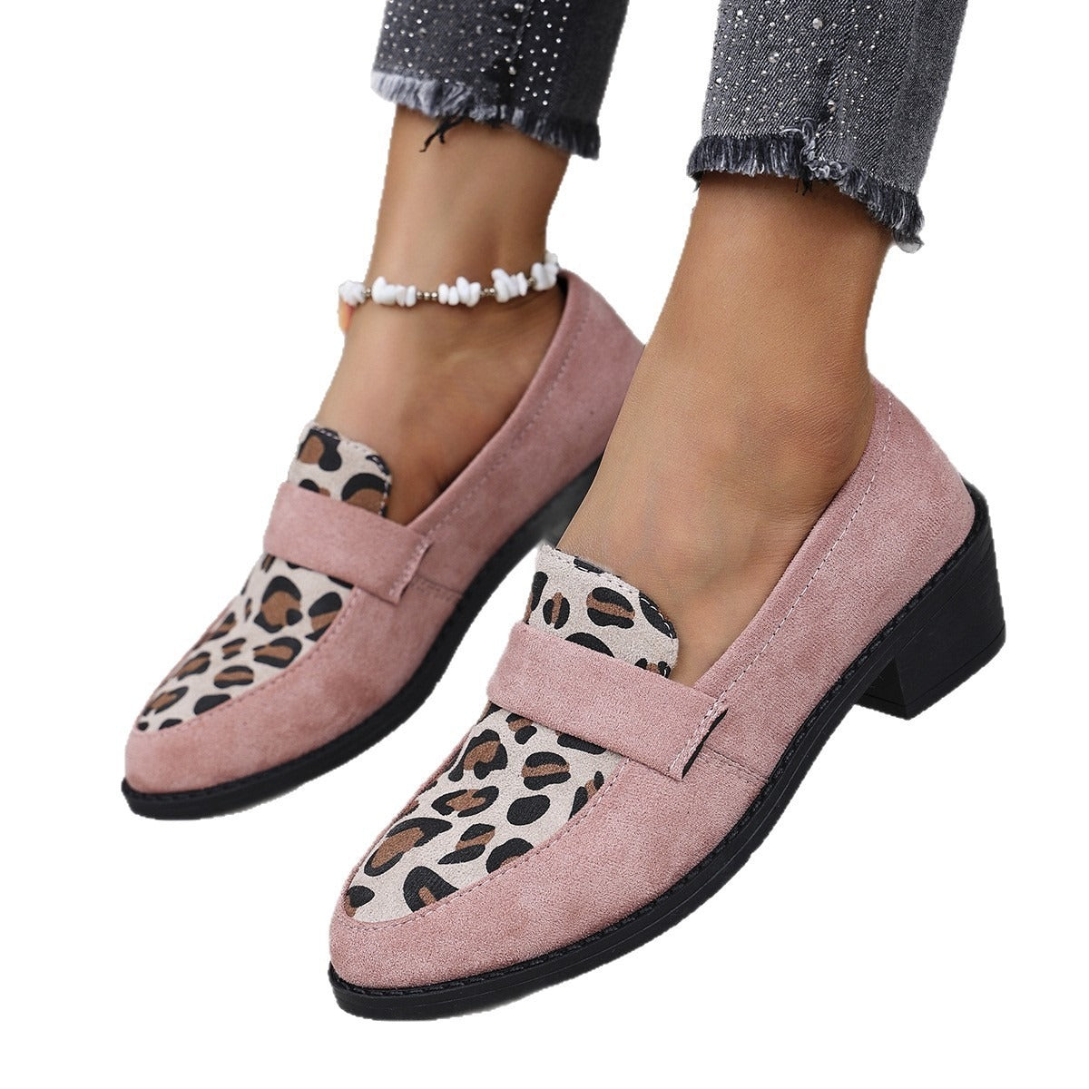 Bella Leopard Trim Block Heel Loafers