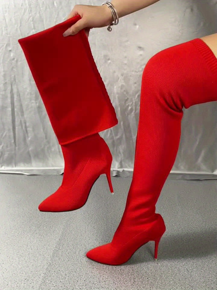 Sunniva red sock boots showing the stretch-knit shaft