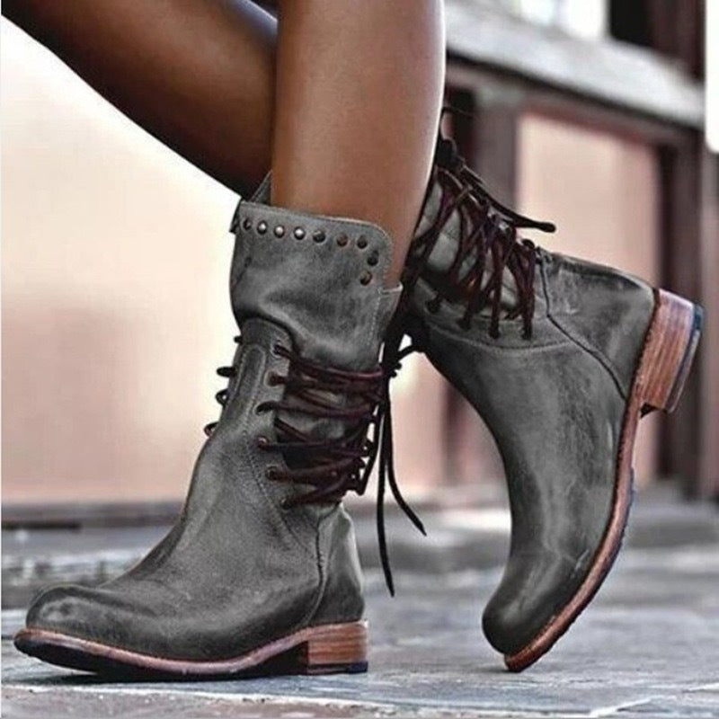 Aurelia Studded Lace-Up Ankle Boots – Grey