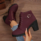 Romy burgundy ankle boots, side view with zip