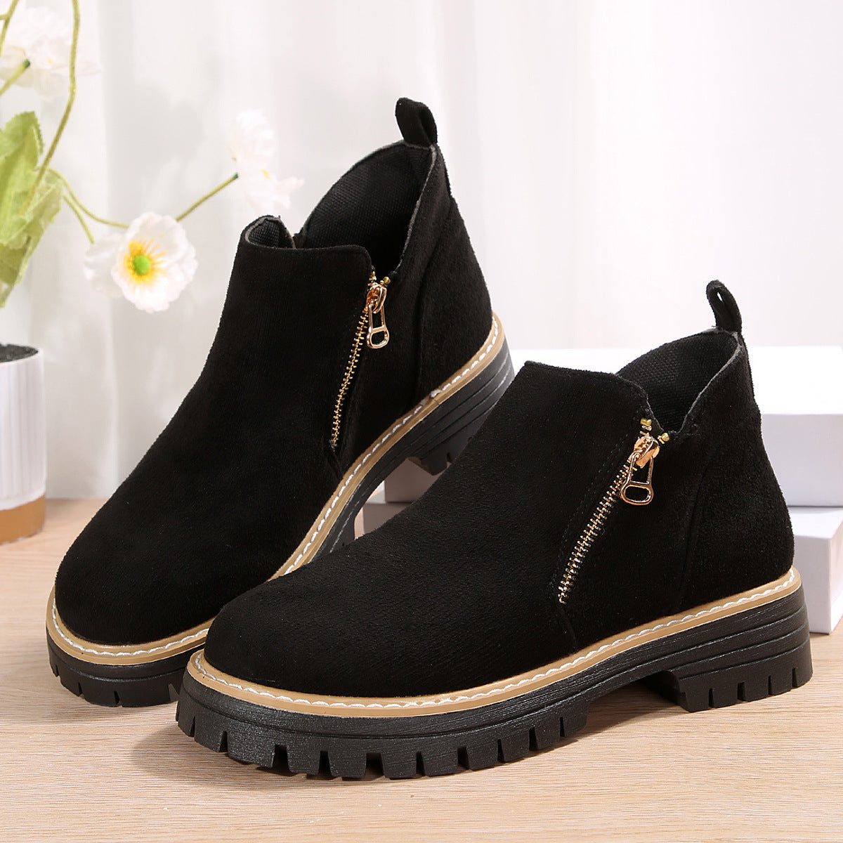 Harper Side-Zip Lug-Sole Ankle Boots – Black