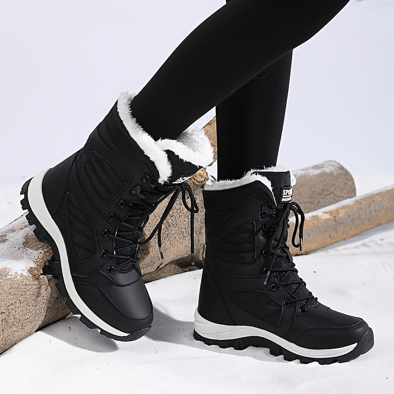 Freya black snow boots, side view showing the chunky grip sole