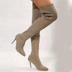 Sunniva beige knit thigh-high boots worn walking