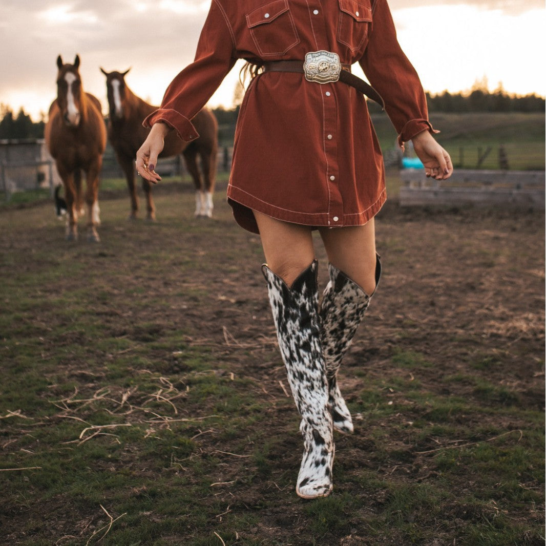 Dallas Cow Print Western Knee-High Boots