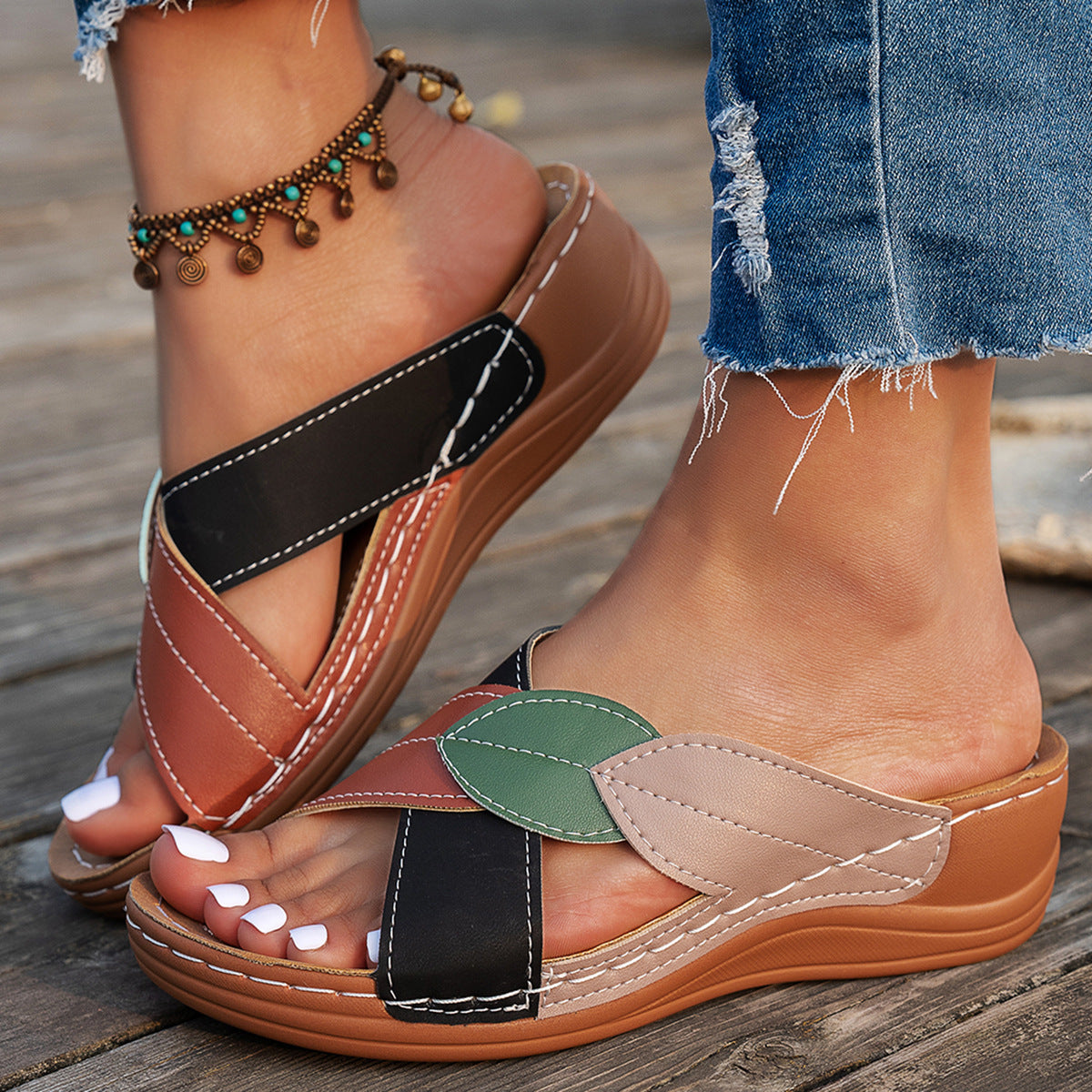 Fern | Cross-Strap Wedge Sliders