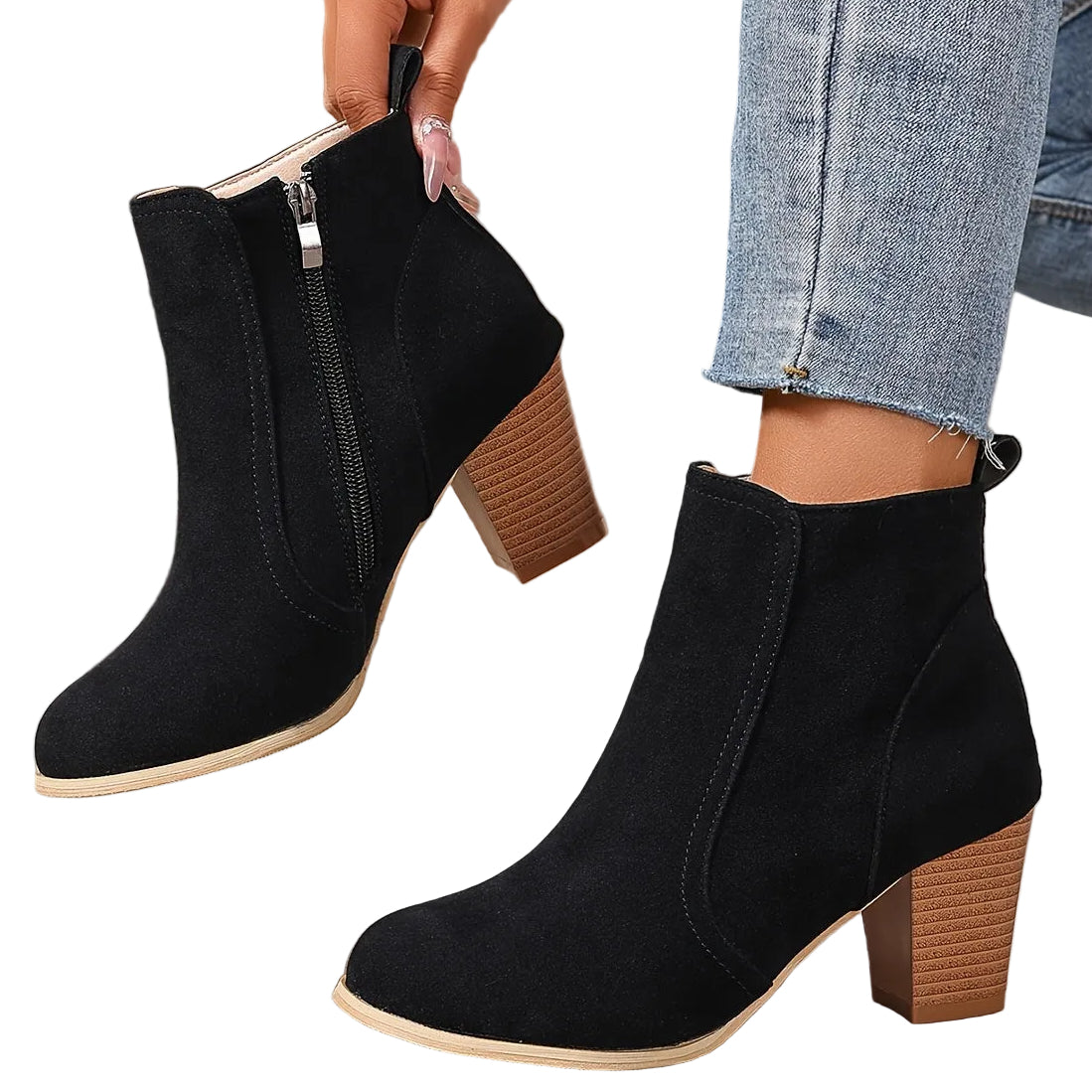 Liv black heeled ankle boots worn, inside zip view
