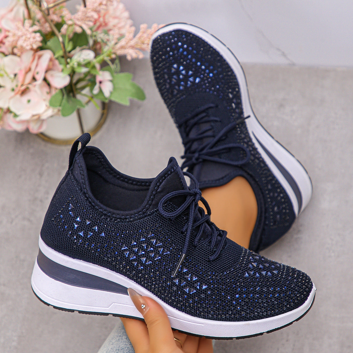 Lumi | Rhinestone Knit Wedge Trainers