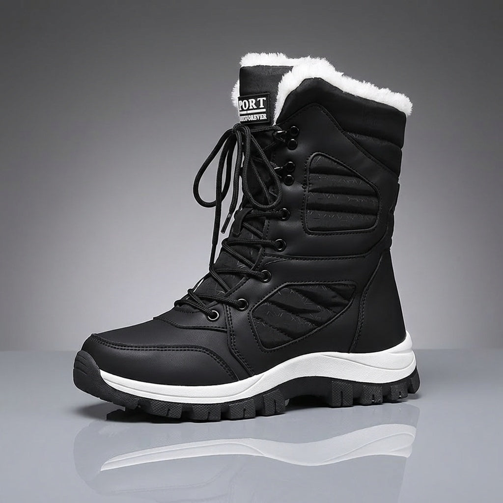 Freya black lace-up snow boot, side profile