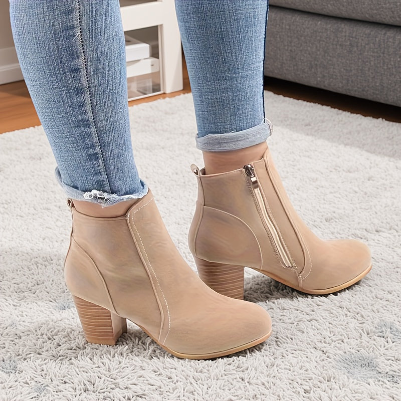 Liv beige block heel ankle boots worn with cropped jeans