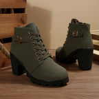 Romy khaki green lace-up block heel ankle boots with buckle strap