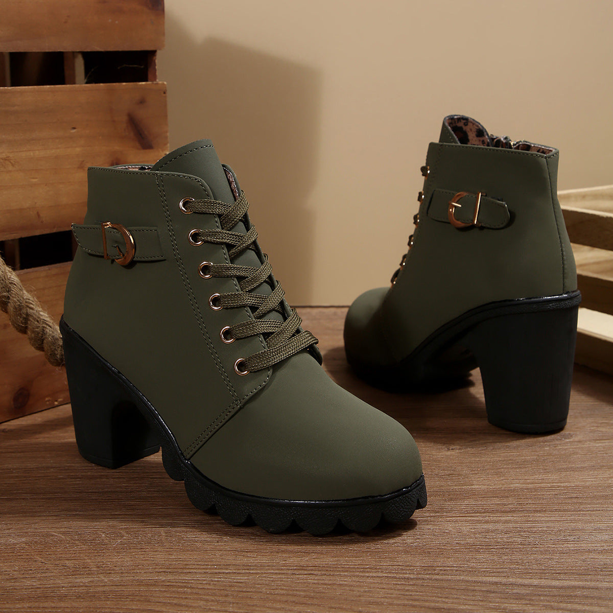 Romy khaki green lace-up block heel ankle boots with buckle strap