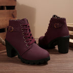 Romy burgundy lace-up block heel ankle boots with buckle strap