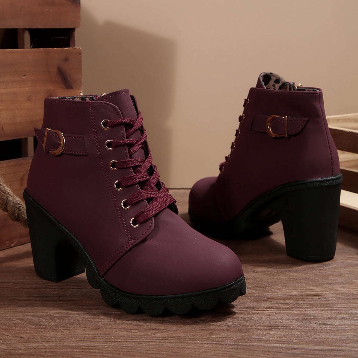 Romy burgundy lace-up block heel ankle boots with buckle strap