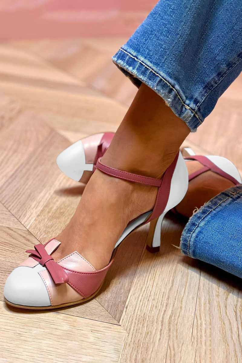 Daisy Two-Tone Bow Slingback Heels – White & Rose