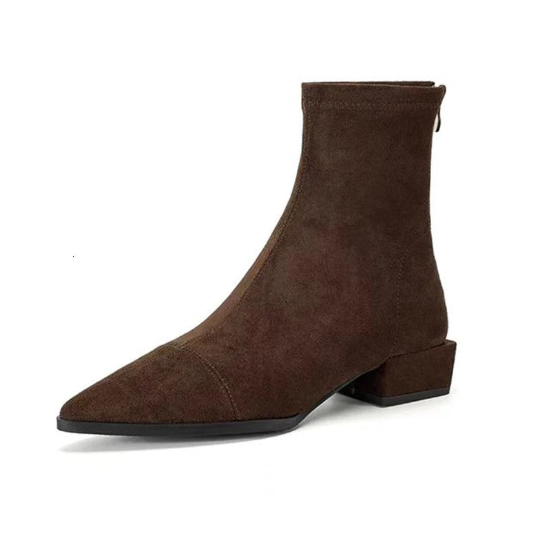 Camille stretch sock ankle boots – Brown, side view with back zip