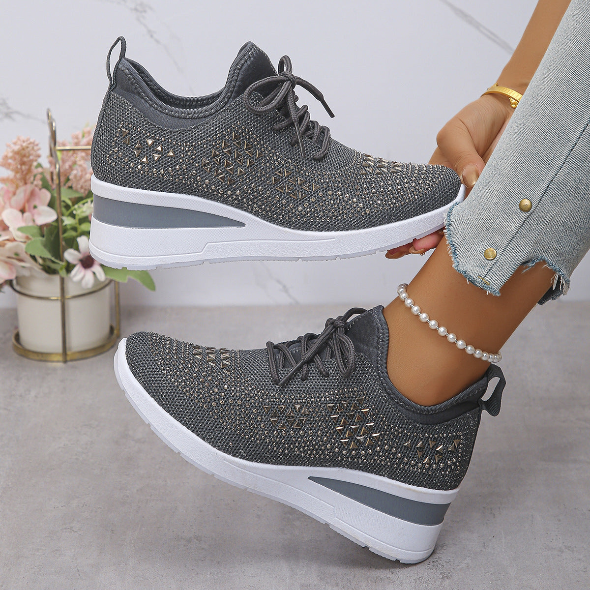 Lumi Rhinestone Knit Wedge Trainers