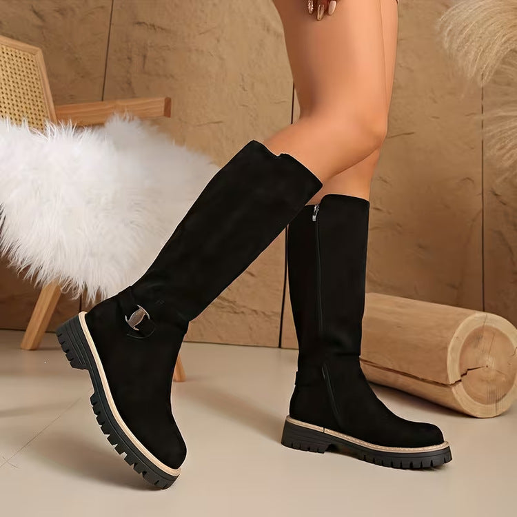 Beatrix flat faux-suede buckle knee-high boots – Black