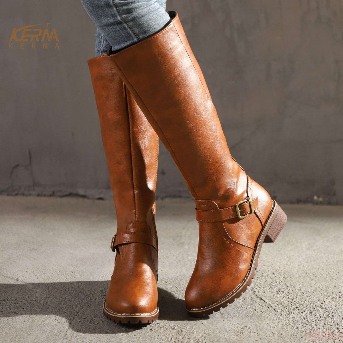 Georgiana Buckle Knee-High Riding Boots – Tan