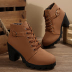 Romy tan lace-up block heel ankle boots with buckle strap