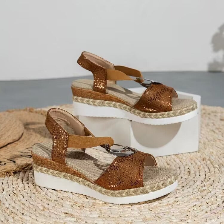 Aurora Metallic Ring Wedge Sandals – Bronze