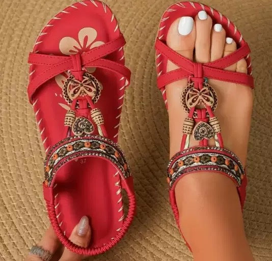 Saffron Embellished Boho Sandals – Red