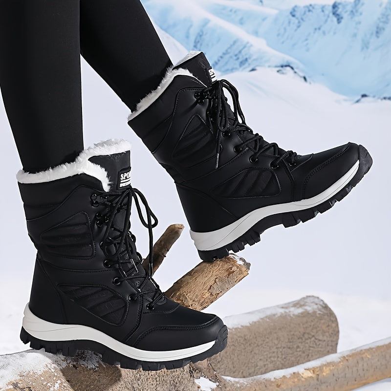 Freya black plush-lined snow boots, worn outdoors