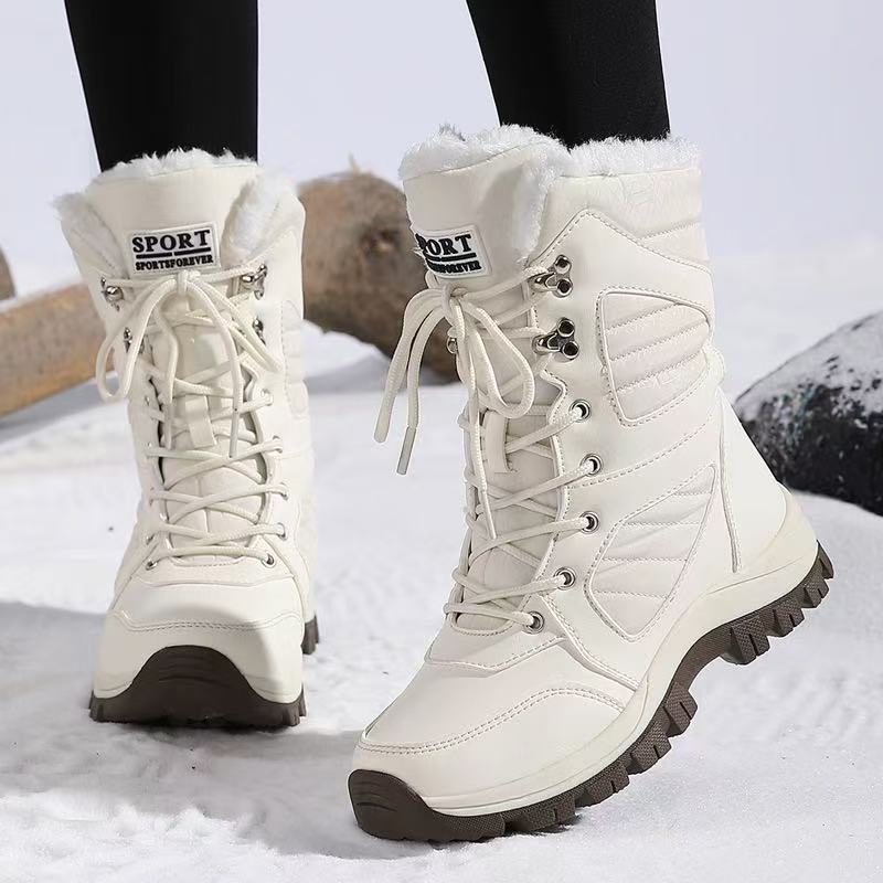 Freya white lace-up snow boots, front view