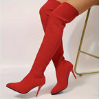 Sunniva red stretch-knit over-the-knee sock boots with stiletto heel