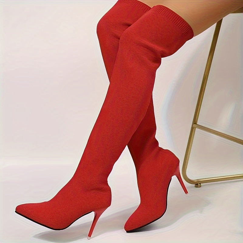 Sunniva red stretch-knit over-the-knee sock boots with stiletto heel