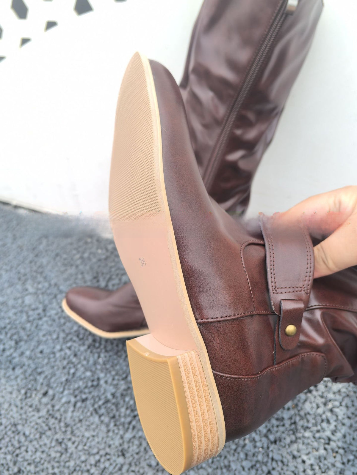 Sienna Slouchy Knee-High Boots – Chestnut Faux Leather / Tan Sole